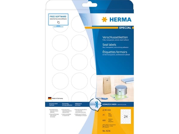 HERMA 4236, Läpinäkyvä, Ympyrä, Kiinteä, A4, Polyesteri, Matta