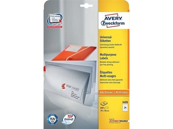 Avery - Hvit - 70 x 36 mm 600 etikett(er) (25 ark x 24) flerbruks merkelapper