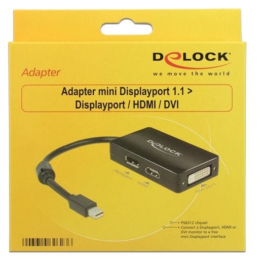 Delock - DisplayPort-adapter - Mini DisplayPort (hann) til DVI-D, HDMI, DisplayPort (hunn) - 16 cm - svart
