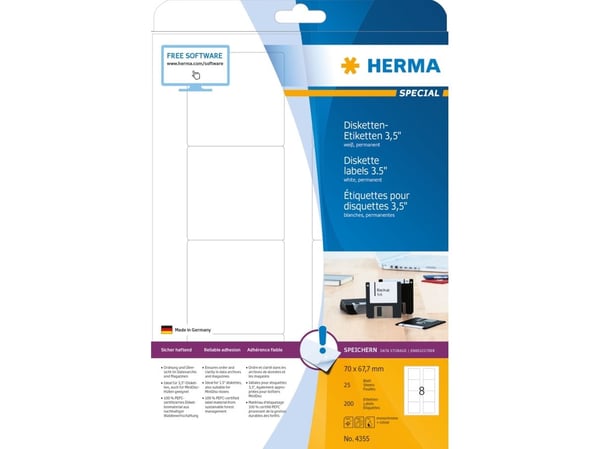 HERMA Spesial - Papir - matt - permanent selvklebende - hvit - 70 x 67,7 mm 200 etikett(er) (25 ark x 8) diskettetiketter