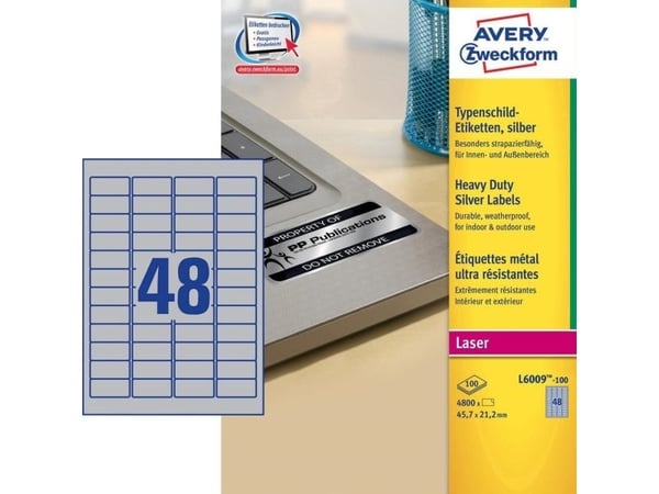 Avery Durable Heavy Duty L6009 - Polyester - permanent selvklebende - sølv - 45,7 x 21,2 mm 4800 etikett(er) (100 ark x 48) etiketter