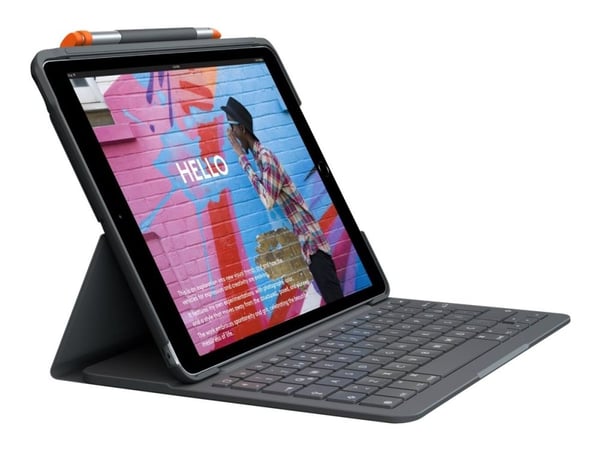 Logitech Slim Folio - Näppäimistö ja foliokassa - trådløs - Bluetooth LE - QWERTY - UK - Oxford-grå - Apple 10,2-tuumaiseen iPad Wi-Fi; 10,5-tuumai...