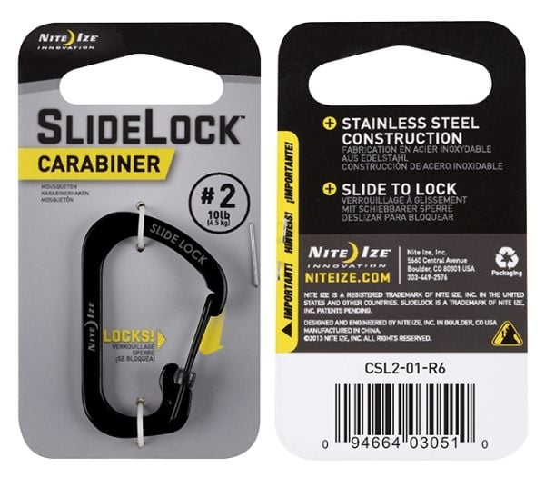 Nite Ize SlideLock, Strak åpning, Låsbar, D-formet, Rustfritt stål, Sort, 28 mm