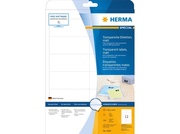 HERMA 4682, Läpinäkyvä, Itse kiinnittyvä tulostintarra, A4, Laser, Kiinteä, Matta