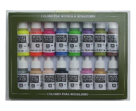 Vallejo 70.112, Sort, Blå, Brun, Gull, Grønn, Grå, Fiolblå, Oransje, Rosa, Sølv, Hvit, Gult, Acryl maling, Væske, 17 ml, 16 stykker