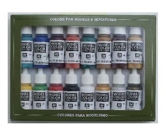 Vallejo 70.142, Blå, Bronse, Brun, Gull, Grønn, Lilla, Rød, Sølv, Gult, Acryl maling, Væske, 17 ml, 16 stykker |