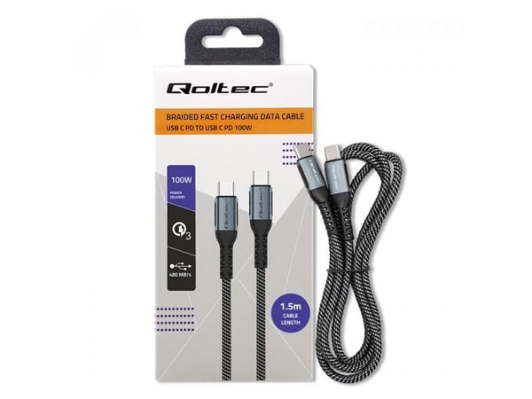 Qoltec - USB-kabel - USB-C (hann) til USB-C (hann) - USB 2.0 - 20 V - 5 A - 1.5 m - støtte for Power Delivery 3.0, 100 W-strømforsyningsgjennomgang...