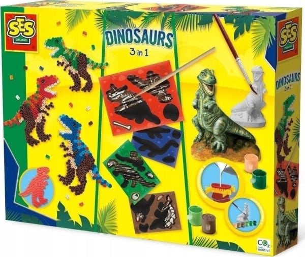 SES Creative Dinosaurs 3 i 1, støpe- og malesett for barn, 5 år, papp, flerfarget