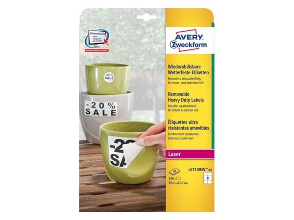 Etiketter Avery, sterk, 99,1 x 67,7 mm, pakke med 160 etiketter