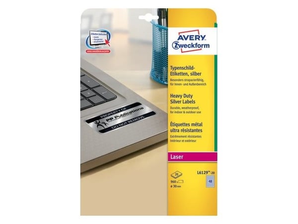 Avery Heavy Duty Laser Labels - Polyester - permanent selvklebende - sølv - 30 mm rund 960 etikett(er) (20 ark x 48) film