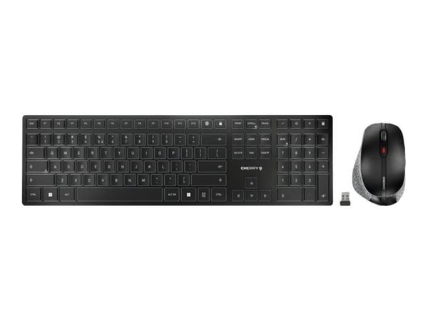 CHERRY DW 9500 SLIM, RF Wireless + Bluetooth, Näppäimen saksikytkin, AZERTY, Musta, Harmaa, Sisältää hiiren