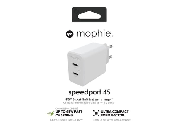 mophie speedport 45 - Strømadapter - 45 watt - PD, Fast Charge - 2 utgangskontakter (USB-C) - hvit - Europa