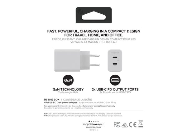 mophie speedport 45 - Strømadapter - 45 watt - PD, Fast Charge - 2 utgangskontakter (USB-C) - hvit - Europa