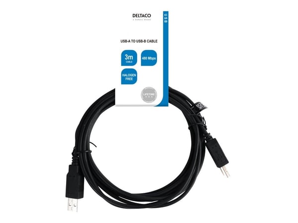 DELTACO - USB-kaapeli - USB (uros) - USB Type B (uros) - USB 2.0 - 3 m - musta