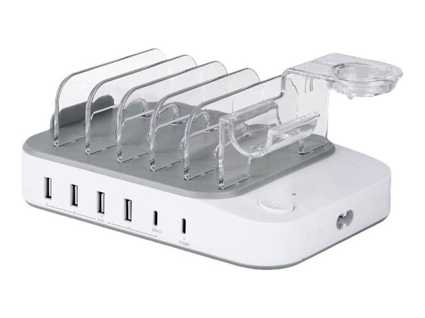 DELTACO DPS-0203 - Ladestasjon - 50 watt - PD - 6 utgangskontakter (4 x USB, 2 x USB-C) - hvit