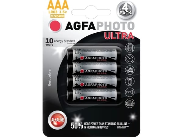 AgfaPhoto 110-821856, Engangsbatteri, AAA, Alkalinsk, 1,5 V, 4 stykker, Sort, Rød, Hvit