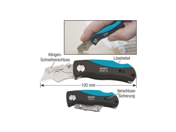 HAZET Mini utility knife, Klappkniv med lås, Klipp punkt, ABS syntetisk, Sort, Lyseblå, 10 cm, 5,7 cm
