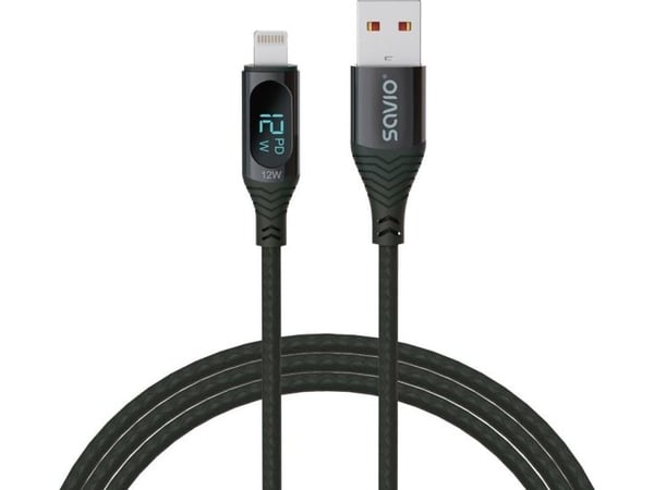 Savio USB - Lightning cable with display CL-173 1 m black, 1 m, Lightning, USB A, Hankjønn/hunkjønn, Hankjønn/hunkjønn, Sort
