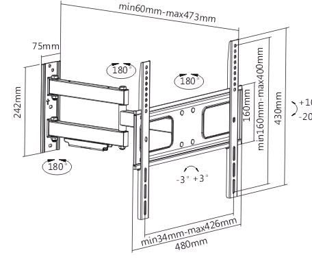 SUNNE 23-42-EAX, 58,4 cm (23"), 106,7 cm (42"), 400 x 400 mm, 400 x 400 mm, -10 - 0°, Sort