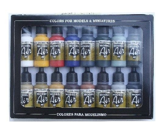 Vallejo 71.178, Musta, Sininen, Ruskea, Vihreä, Okra, Oliivi, Punainen, Valkoinen, Keltainen, Akryylimaali, Nestemäinen, 17 ml, 16 kappaletta
