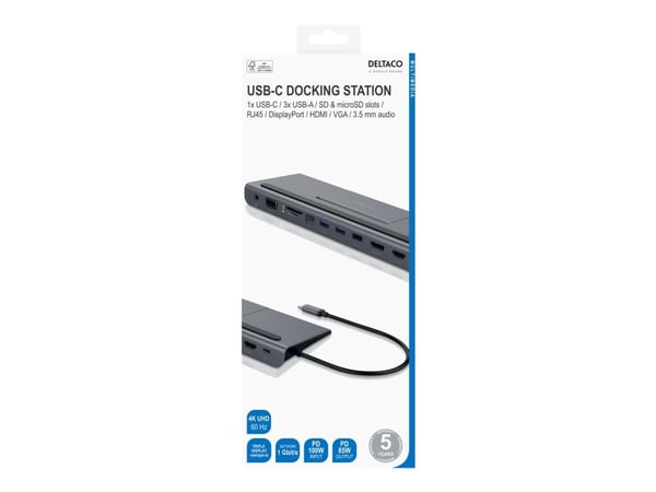 DELTACO - Dockningsstation - USB-C - HDMI, DP - 10Mb LAN