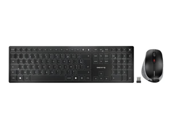 CHERRY DW 9500 SLIM, RF Wireless + Bluetooth, Näppäimen saksikytkin, AZERTY, Musta, Harmaa, Sisältää hiiren