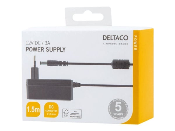 DELTACO PS12-30B - Strømadapter - 1,5 m, 12V DC, 3A, 50/60Hz - AC 100-240 V - 36 watt - svart