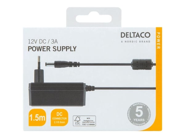 DELTACO PS12-30B - Strømadapter - 1,5 m, 12V DC, 3A, 50/60Hz - AC 100-240 V - 36 watt - svart
