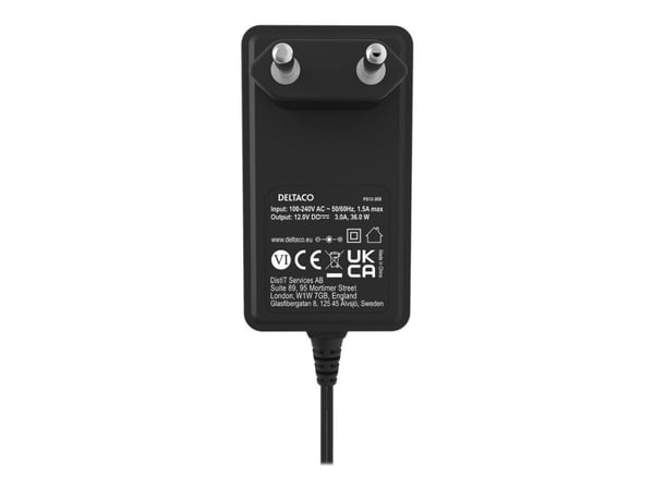 DELTACO PS12-30B - Strømadapter - 1,5 m, 12V DC, 3A, 50/60Hz - AC 100-240 V - 36 watt - svart