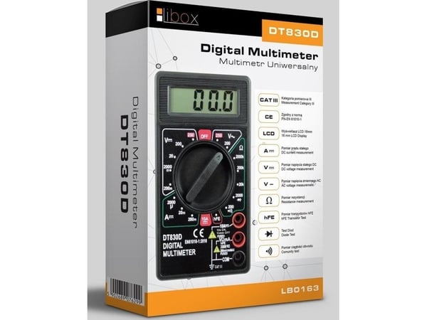 Libox Universalmåler DT830D LB0163, LCD, 16 x 48 mm, 3,5 cifre, Batteri, AAA, Alkalisk