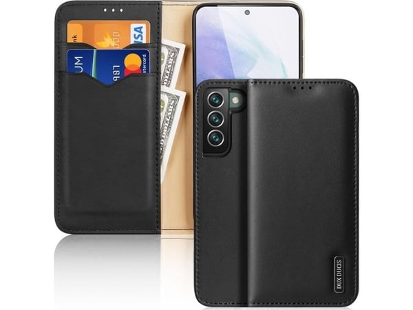 Dux Ducis Hivo i skinn flip-deksel ekte lær lommebok for kort og dokumenter Samsung Galaxy S22+ (S22 Plus) svart