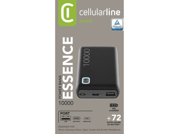 Cellularline ESSENCE. akun/akun kapasiteetti: 10000 mAh, akun/akun tekniikka: litiumpolymeeri (LiPo). lähtöliitännät USB A: 1, USB Type-C porttien ...