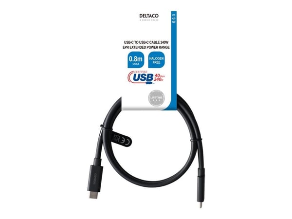 DELTACO - USB-kabel - 24 pin USB-C (hann) til 24 pin USB-C (hann) - 80 cm - USB Power Delivery (240 W) - svart