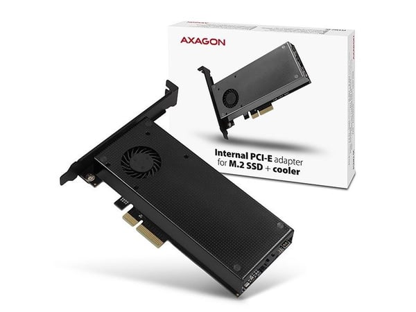 AXAGON PCEM2-DC PCI-E 3.0 4x – DUAL M.2 SSD (NVMe + SATA), dobbel spenning, to 110 mm SSD, vifte + radiator