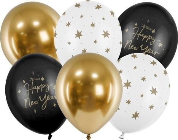 PartyDeco Happy New Year, Ilmapallo, Musta, Kulta, Valkoinen, Uuden vuoden aatto, Ovaali, 30 cm, 6 kpl