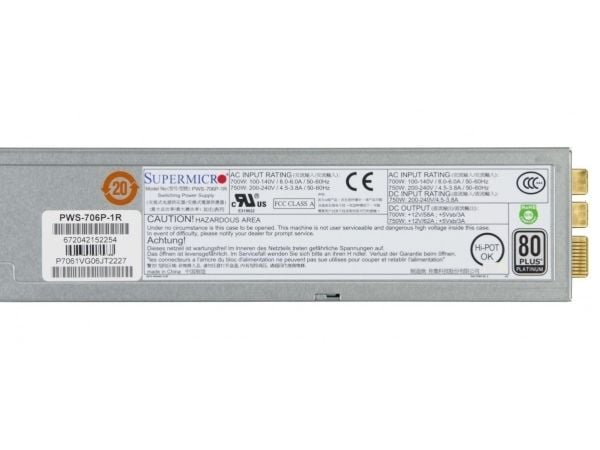 Supermicro PWS-706P-1R - Strømforsyning - redundantti (indstiksmodul) - 80 PLUS Platinum - AC 100-140/200-240 / DC 200-240 V / DC 200-240 V - 750 W...