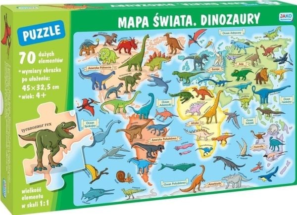 Jako-puslespill 70 brikker. Verdenskart. Dinosaurer