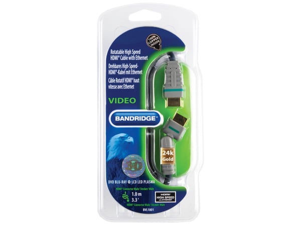 Bandridge Rotatable High Speed HDMI Cable with Ethernet - HDMI-kabel med Ethernet - HDMI hann til HDMI hann - 1 m - 360°-dreiekontakt