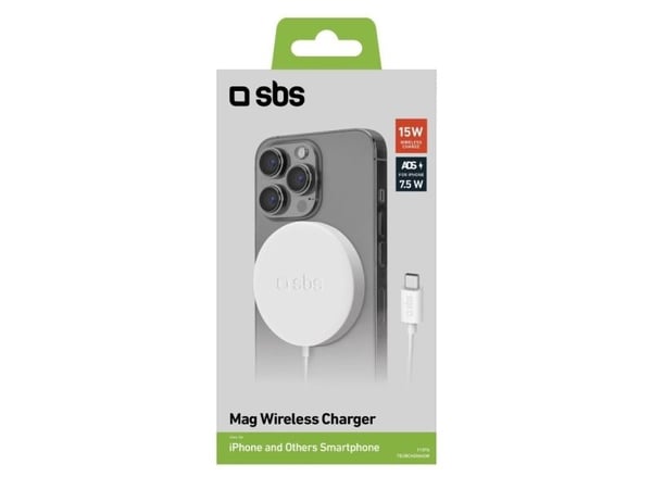 SBS Mag, inomhus, USB, Trådlös laddning, 1 m, Vit