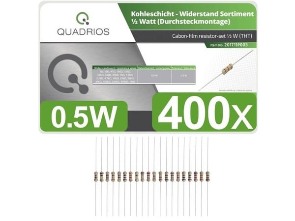 Quadrios 201711P003 201711P003 Hiilipäällysteinen vastusvalikoima aksiaalijohdolla 0,5 W 5% 400 kpl