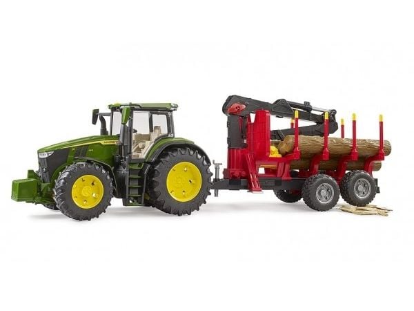 Bruder John Deere 7R 350 tractor with forestry trailer and 4 trunks toy