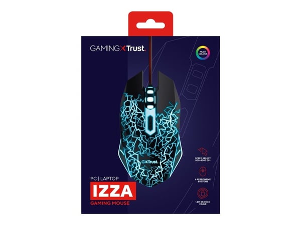 Trust GXT 105 Izza Illuminated - Mus - høyre- og venstrehåndet - optisk - 6 knapper - kablet - USB - svart