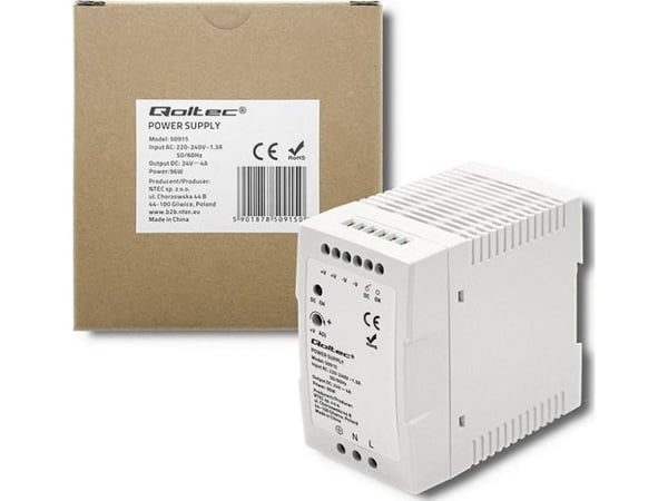 Qoltec DIN-skinne strømforsyning 96W 24V 4A hvit slim