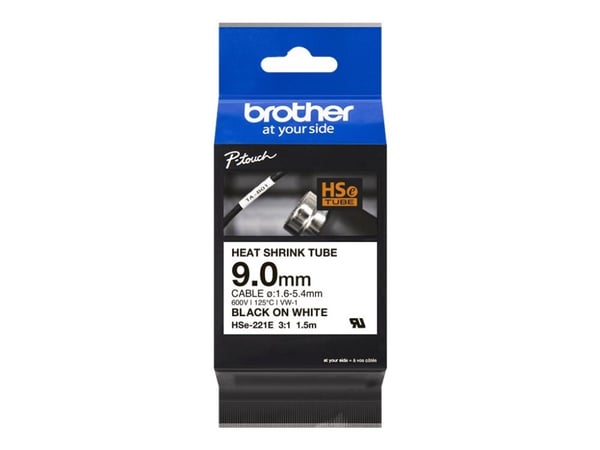 Brother HSe-221E - Svart på hvitt - Rull (0,9 cm x 1,5 m) 1 kassett(er) hengeboks - varmekrympetape - for P-Touch PT-D800W, PT-E550WVP