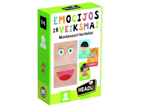 HEADU "Montessori"-kort "Følelser og handlinger", på litauisk.
