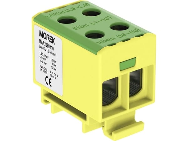 MOREK skinneklemme skruefordeler AL/CU 1,5-50 mm2 TS35 1-skinne 4-tilkoblinger OTL50-2 gul/grønn MAA2050Y10 89732009 - MAA2050Y10