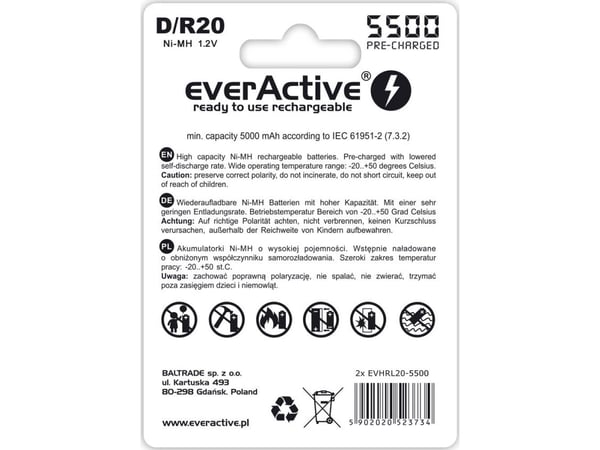 Everactive EVHRL20-5500, Oppladbart batteri, D, Nikkelmetallhydrid (NiMH), 1,2 V, 2 stykker, 5500 mAh