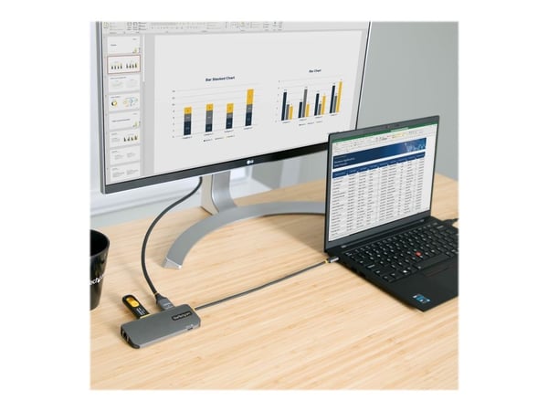 StarTech.com USB C moniporttisovitin, 4K 60Hz HDMI-video, 3-porttinen 5Gbps USB-A 3.2 -keskitin, 100W Power Delivery Passthrough, GbE, USB Type-C M...