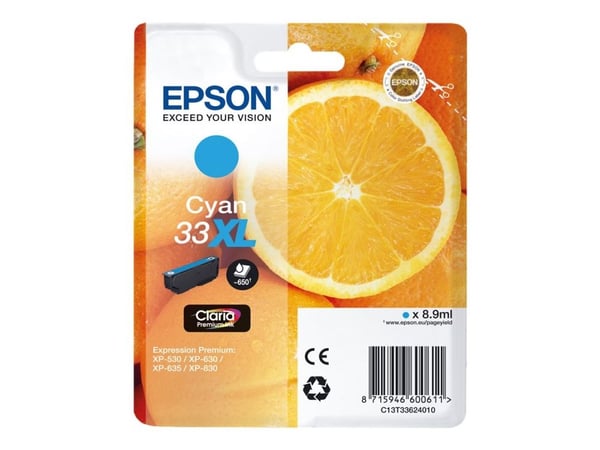 Epson 33XL - 8,9 ml - XL - syaani - alkuperäinen - läpipainopakkaus - värikasetti - Expression Home XP-635, 830; Expression Premium XP-530, 540, 63...