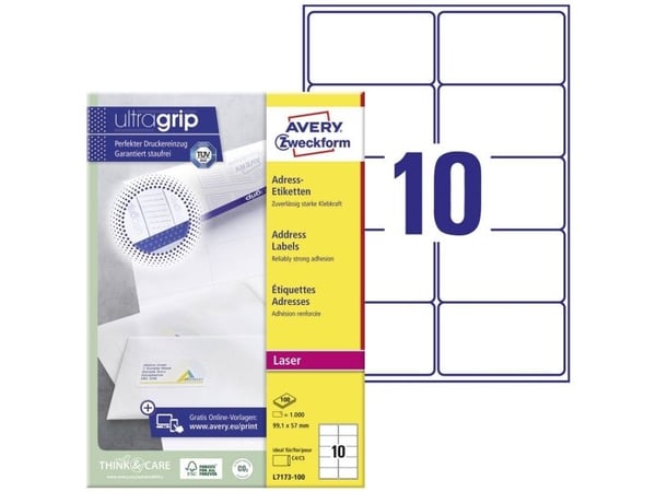 Laseretiket Avery L7173-100 99,1x57 mm hvid - (100 ark x 10 stk.)